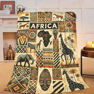 African Tribal Map Ethnic Pattern Blanket Vintage African Safari Animals Throw Blanket Soft Cozy Fleece Fuzzy Plush Warm Stuff Bedding Blankets Gifts for Boys Girls Kids Adult Men Women 40"X50"