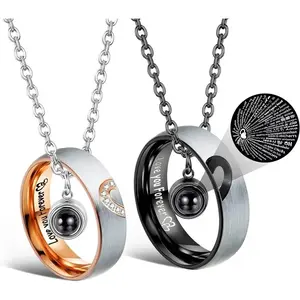 Couple's Stainless Steel Heart Pendant Necklaces & Promise Rings Set - Men's & Women's Fashion Costume Jewelry, Gifts for Women (Anniversary, Valentine's Day)