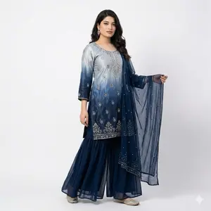 Sharara Suit for Ladies - Red Velvet Embellished Top with Matching Skirt and Dupatta Set