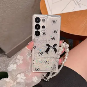 Glitter Liquid Quicksand bowknot Chain Case For Samsung Galaxy S22 S23 UD S24 S25 Plus Z Flip 6 5 4 3 Luminous Phone Cover