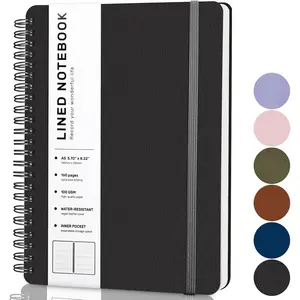 Lined Spiral Journal Notebook, A5 Hardcover Leather Notebook for Work, 5.7''x8.2'', 100GSM Thick Paper Spiral Bound Journaling Notebooks for Women & Men Office School Note Taking Business, Black