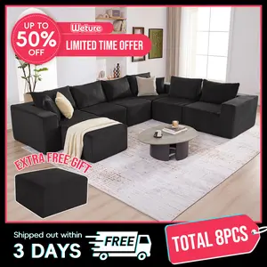 【4 packages】135.4" Cloud Couch Sectional, Sectional Sleeper Sofa with Deep Seat, Plush Corduroy U Shaped Boneless Couch, Convertible Modular Couches for Living Room, 7Seat