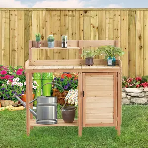 Natural Wooden Potting Bench with Sink & Sliding Tabletop, Outdoor Garden Work Table with Storage Cabinet, Bottom Shelf & Side Tool Hooks for Patio Backyard