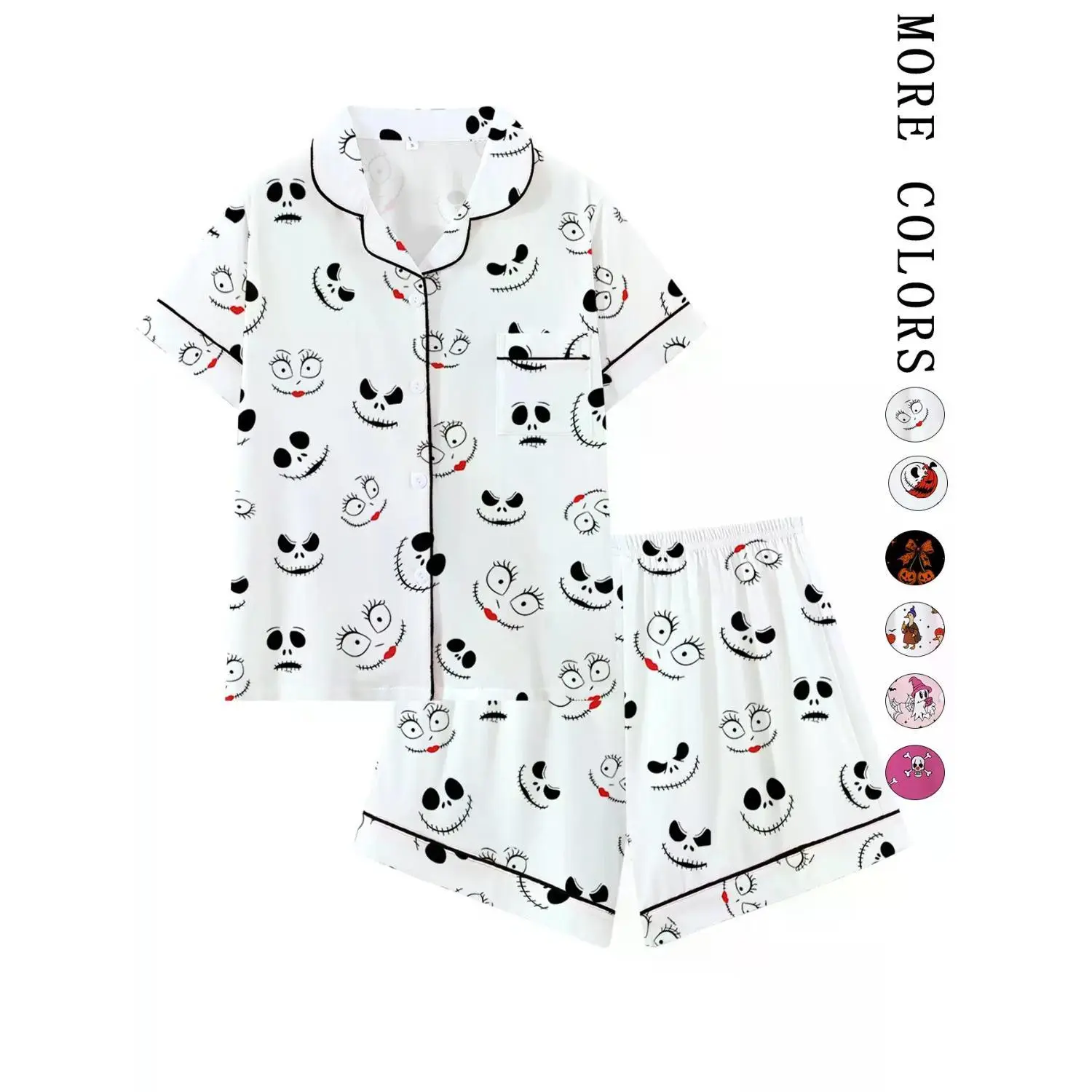 Spooky-Cute Skeleton Smile Pajama Set | Gothic Stitched Face Sleepwear with Black Trim | Creepy Coquette Short Sleeve Lounge Outfit | Fun Summer Halloween 2-Piece PJs