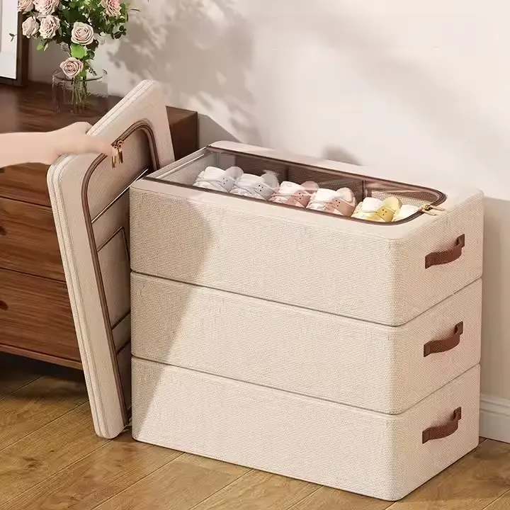 Large Foldable Fabric Shoe Storage Organizer Bin with Clear See-Through Window, Reinforced Handle Stackable Shoe Box for Closet, Under Bed & Entryway