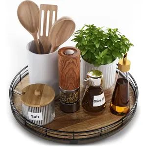 Acacia  12" Lazy Susan Turntable Organizer for Table Top, Farmhouse Round Wooden Lazy Susan for Cabinet Kitchen Centerpieces Coffee Table, for Condiments Spices, Bathroom  Tray Decor