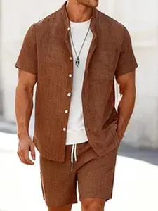 Men's Caramel Linen-Style Two-Piece Set, Casual Loungewear, Stand Collar Short Sleeve Shirt + Drawstring Shorts, Soft Breathable Fabric, Loose Fit, Relaxed Fit