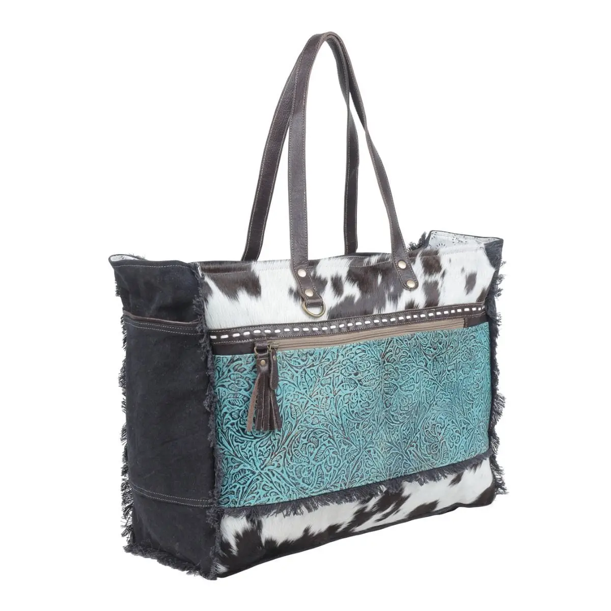 Large Coastal Western Weekender Tote, Casual Woven Handbag for Women with Leather & Hair-on Hide, Durable Handles for Travel & Horse Shows, Casual Handbags, Handbag Woven Bag