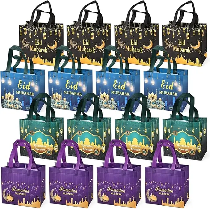 Eid Mubarak 16PCS Reusable Gift Bags with Handles, Multifunctional Non-Woven Eid Bags for Gifts Wrapping, 23x22x11cm, Ramadan Kareem Party Supplies