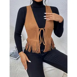 [Elegant Tassel Vest] Elegant Women's Sleeveless Tassel Vest |   Chic Beige Polyester Jacket with Fringe Detail, Button-Up Front - Stylish Outerwear for Spring & Summer