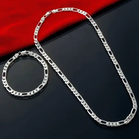 Skin-Safe 925 Sterling Silver Chain Necklace - 4mm Triple Figaro Stackable Cuban Link, Unisex Casual Adult Jewelry, Durable, Hypoallergenic, Tarnish-Resistant, Fits From Brunch To Events, Elevates Parties Dinners, Ideal Gifts
