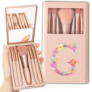 Makeup Brush Set with Mirror, 5 Counts/set Portable Cosmetic Facial Beauty Tools Set, Durable Make-Up Box Storage Powder Eyeshadow Smudge Brushes