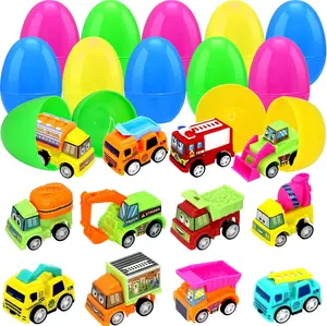 24 Pcs (12 Eggs, 12 Engineering Vehicles) Prefilled Easter Eggs with Toys – Pull-Back Engineering Vehicles with Small Signpost, Easter Basket Stuffers, Cars, Easter Egg Hunt Filler, Classroom Party Favor, Easter & Happy Birthday Gifts