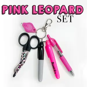 Pink Leopard 4" Scissor with Pink Accessories and Stationary, Mini Pen, Permanent Marker, Highlighter, Mini Light