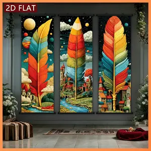 3pcs Feather Scroll Paintings HD Print Plastic Wall Hanging Canvas  Paintings - Fantasy Style with Cosmic & Castle Designs - Wall Decor for Home, Living Room, Bedroom and Art Enthusiasts