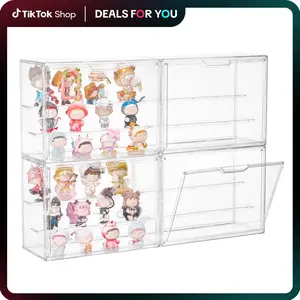 【Video Only】Vtopmart 2/4 Pack Clear Acrylic Display Case for Collectibles, Plastic Storage Bins with 2 Adjustable Divider and Magnetic Door, Stackable Display Box for Figures Showcase Resin Animal Sculptures, DealsForYouDays (Mid Year Sale Restock), DFYD