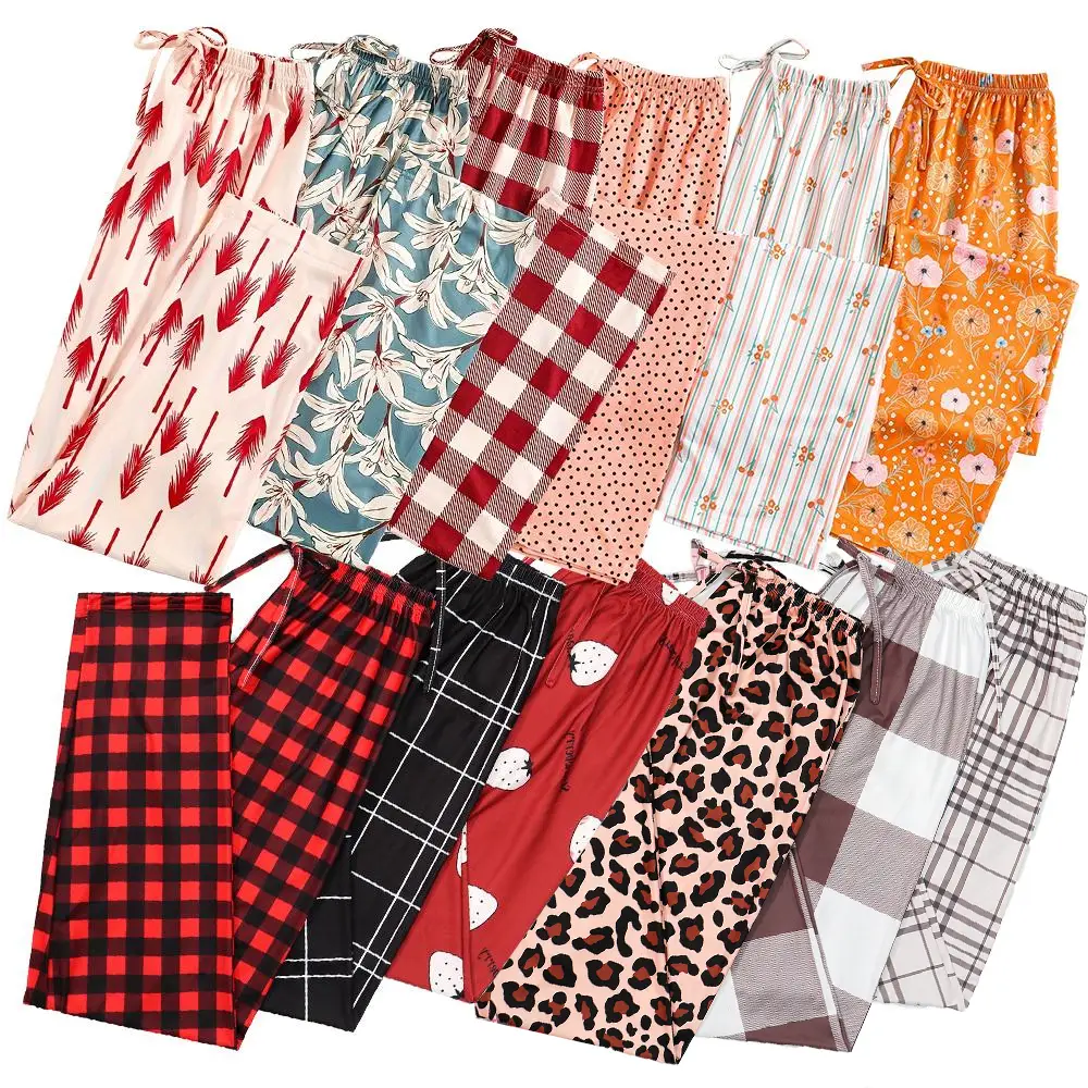 2025 Cute Summer 3 PCS Set Per Pack Sleeping Pants Women's Soft Drawstring Elastic Waist Loose Cute Heart Knit Causal Pajamas Trousers Red PJ Bottom C