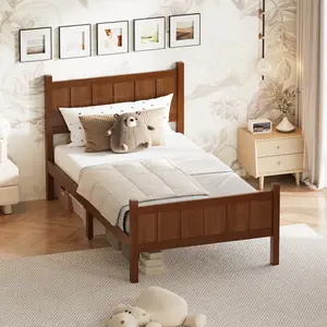 Twin Size Flat Panel Bed with Headboard & Footboard, Minimalist Modern Platform Bed with Wood Grain Finish, Shaker and Farmhouse Style Design, Sleek and Functional Bedroom Furniture