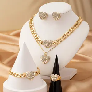 6pcs Elegant Golden-Toned Heart Charm Jewelry Set for Women - Includes Multi-Layer Necklace, Bracelet, Earrings, Ring - Ideal for Daily Wear & Valentine's Day Gift, Jewelry Charms