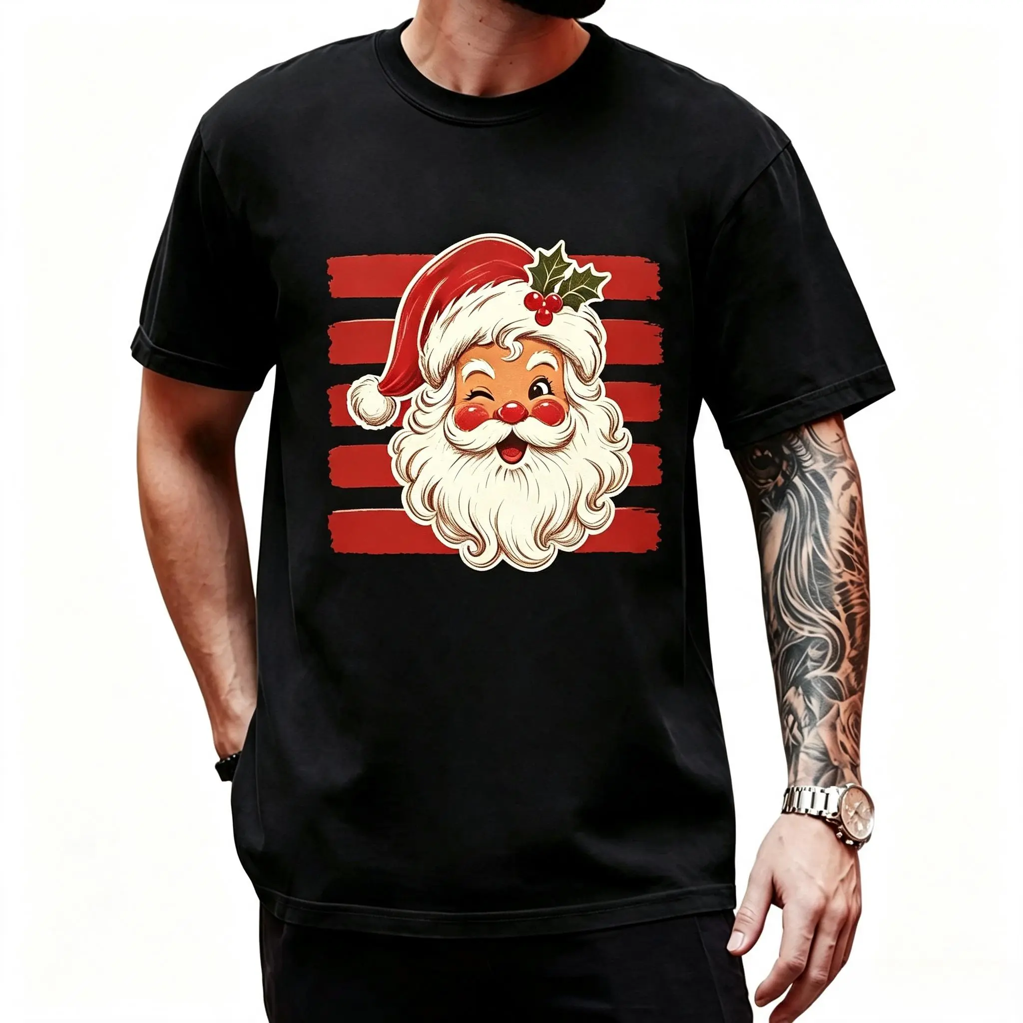 Oversized Crew Neck Short Sleeve T Shirt Featuring Distressed Horizontal Red Stripe Background Graphic Of Winking Cute Cartoon Santa Claus Head Decorated With Holly Berry Sprig Unisex Soft Cotton Casual Christmas Holiday Winter Party Basic Daily Top