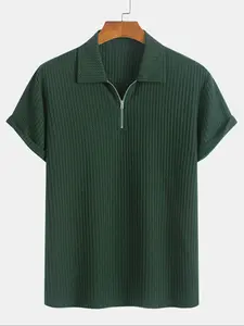 Men's Solid Ribbed Short Sleeve Knitted Polo Shirt, Solid Zipper Polo, Regular Fit Casual Breathable Comfy Top for Summer, Men's Clothes for Daily Wear