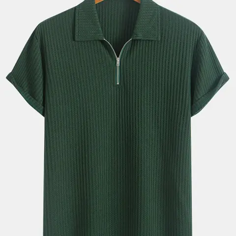 Men's Fashionable Solid Ribbed Short Sleeve Knitted Polo Shirt, Regular Fit Casual Polo Shirts Breathable Comfy Top, Menswear Summer Clothes for Daily Wear