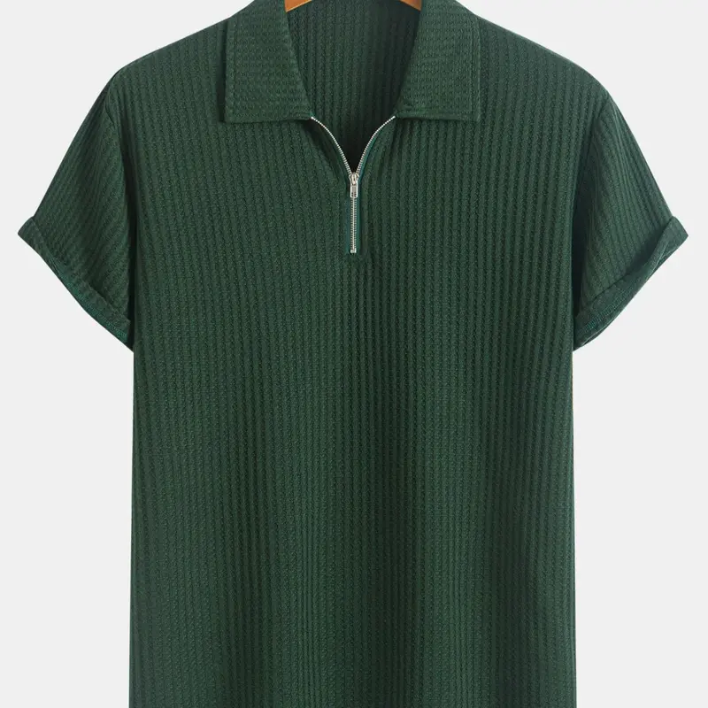 Men's Fashionable Solid Ribbed Short Sleeve Knitted Polo Shirt, Regular Fit Casual Polo Shirts Breathable Comfy Top, Menswear Summer Clothes for Daily Wear