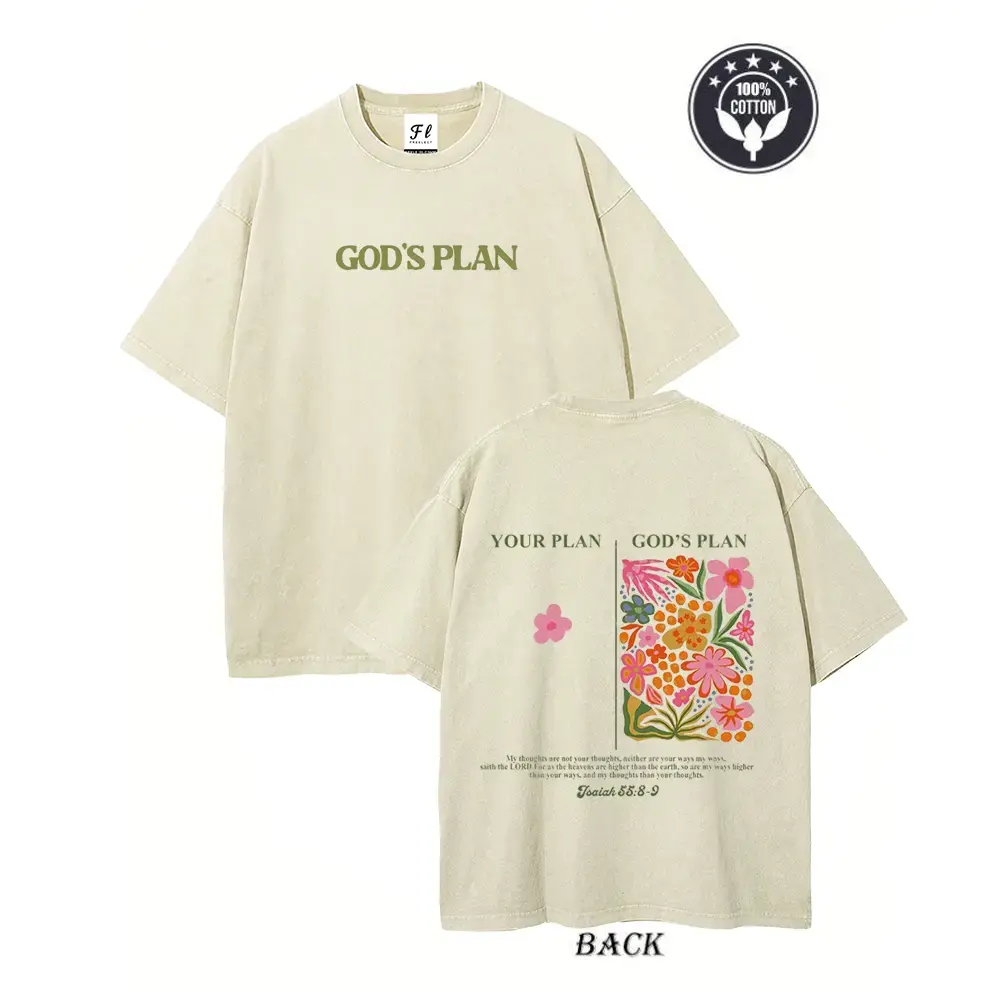 Menswear Unisex 'God's Plan' Floral Print Hot Stamped T-Shirt, Casual Retro Washed 100% Cotton Lightweight Loose-Fit Micro Elastic Short Sleeve Round Neck Breathable Baggy Top