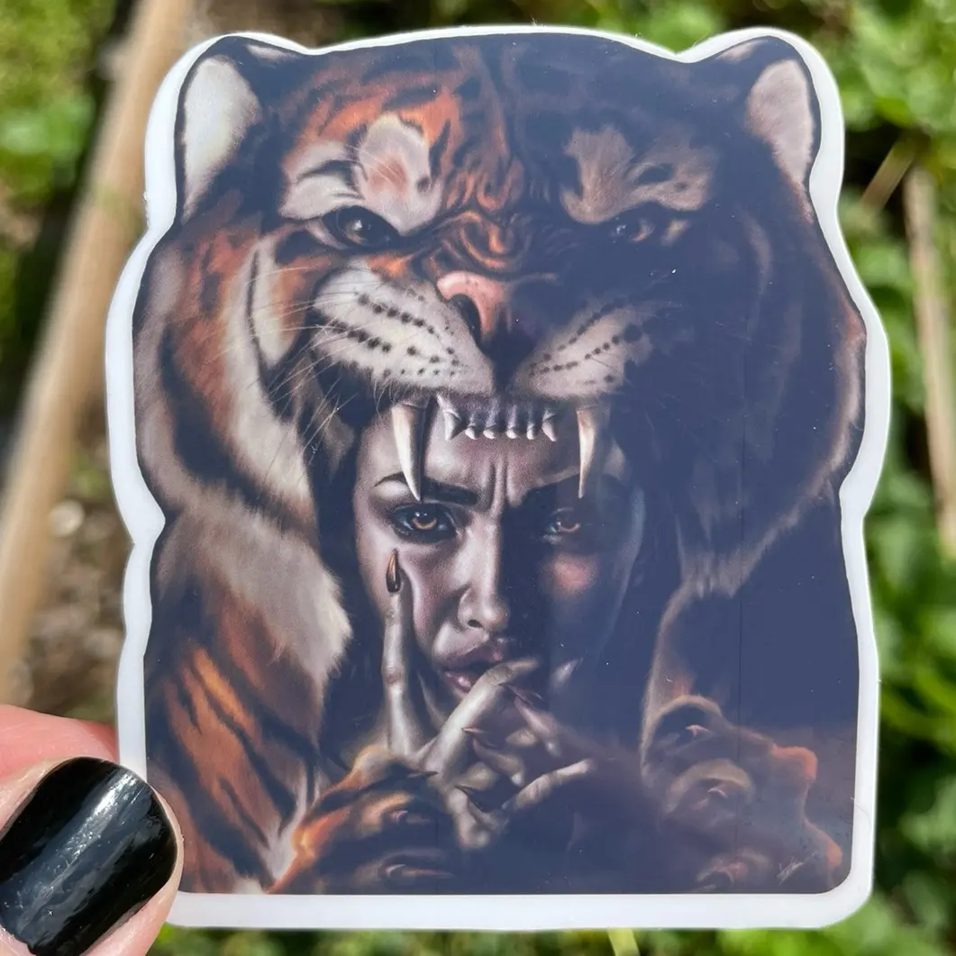 Tiger Huntress tiger woman sticker holographic water resistant vinyl 3in for water bottles, phone cases, laptops, sticker bombing, and sticker journals