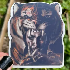 Tiger Huntress tiger woman sticker holographic water resistant vinyl 3in for water bottles, phone cases, laptops, sticker bombing, and sticker journals