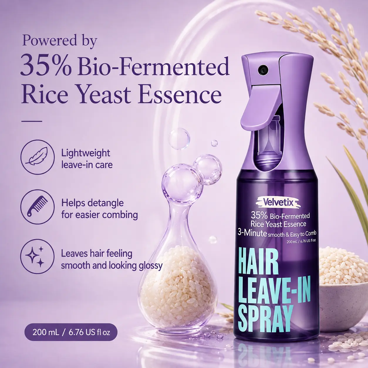 Velvetix Leave-In Hair Conditioning Spray, Lightweight Daily Hair Mist for Soft Manageable Hair, No-Rinse Hair Care, 200 mL