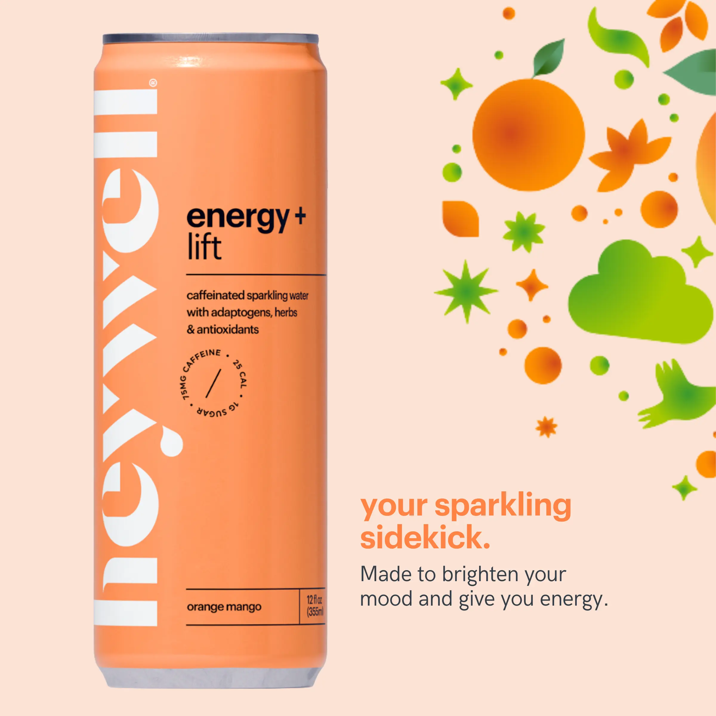 Energy + Lift  Orange Mango Sparkling Water Beverage With Adaptogens, Antioxidants, and Organic Caffeine
