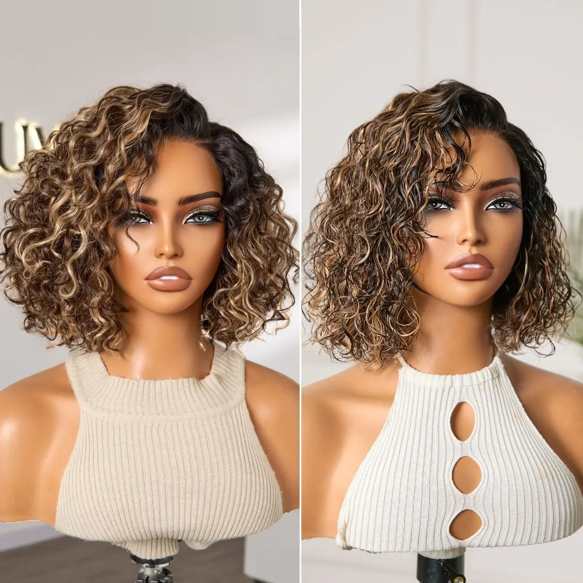 Ready to Go Blonde Highlight / Natural Black Water Wave Short Curly Bob Wig Glueless Minimalist HD Lace Wig Pre-Cut Lace Ready to Go Blonde Highlight / Natural Black Water Wave Short Curly Bob Wig Glueless Minimalist HD Lace Wig Pre-Cut Lace