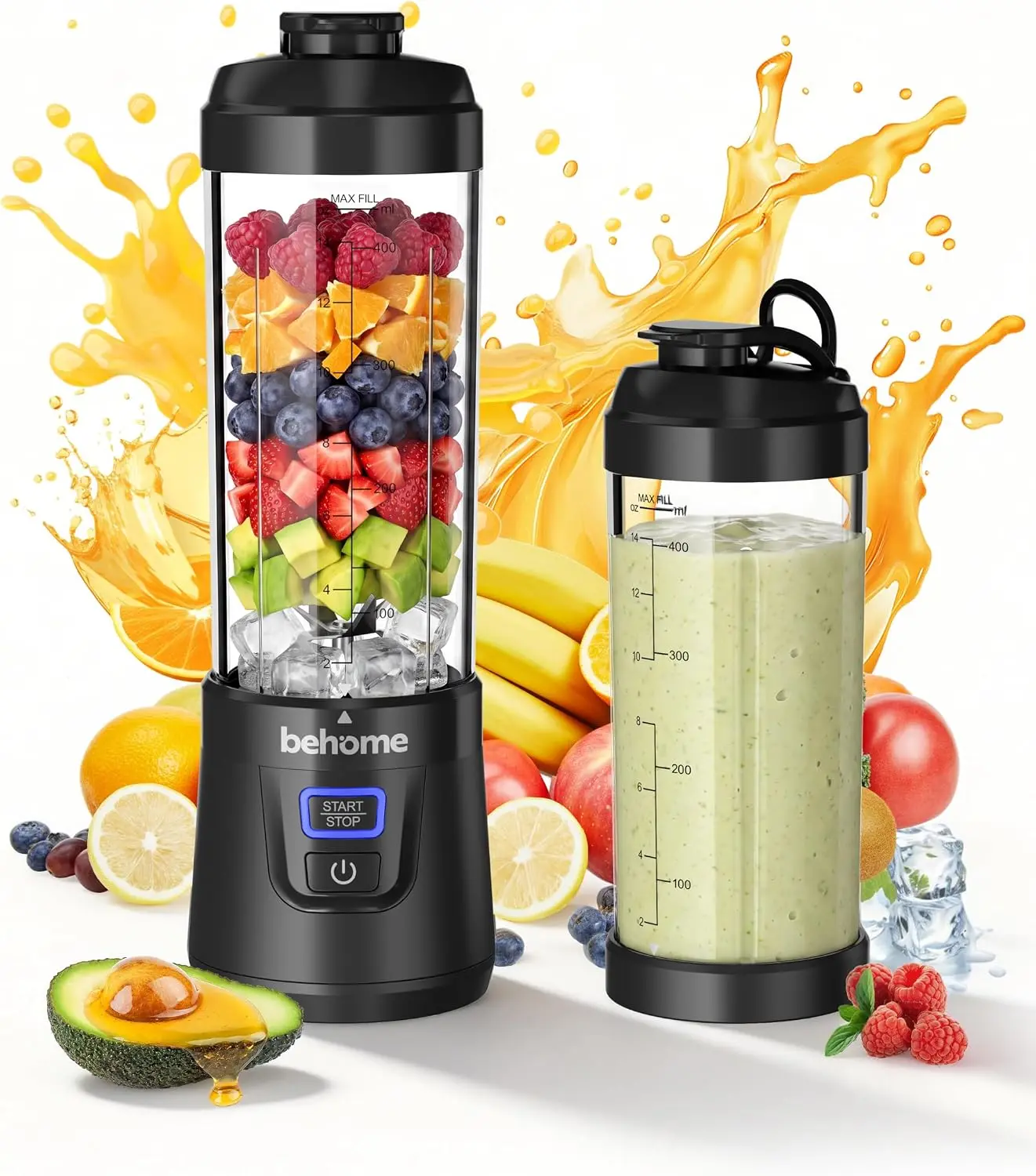 Behome Mini Blender - 14oz PCTG Plastic Multifunctional Juicer Cup, Smart Portable Blender, USB-C Rechargeable Fruit Juicer, Removable Blades, Dishwasher Safe, BPA Free Smoothie Maker