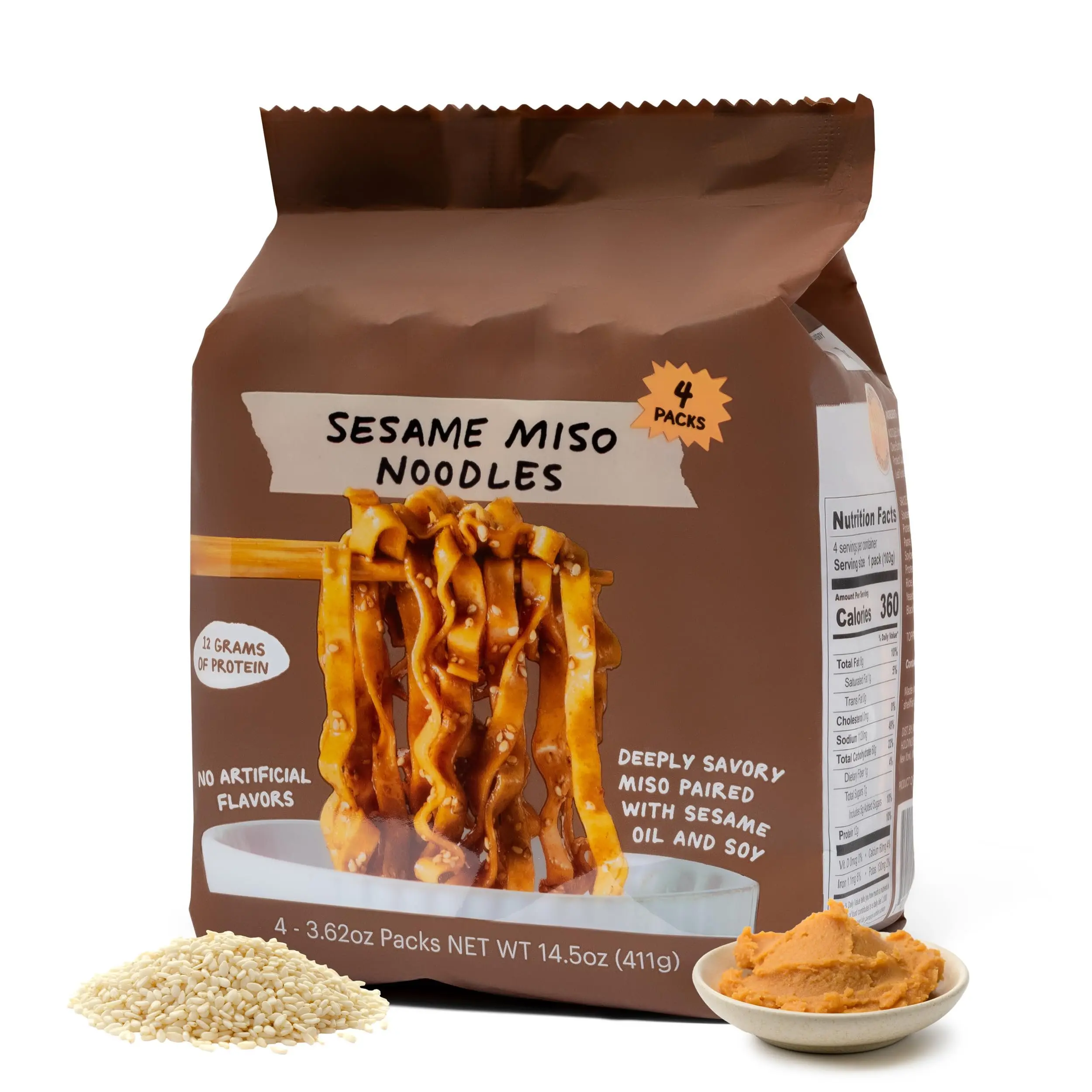 Vegan Sesame Miso Instant Ramen Noodles - Restaurant Style Food, 12g Plant-Based Protein, Rich Umami Sauce, 4-Pack