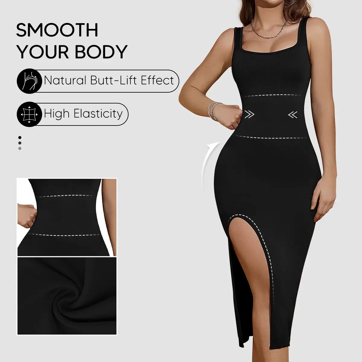 SUPRENX Women's Basic Black Seamless Sleeveless Bodycon Midi Dress - Square Neck, Wide Strap, Side Slit, Tummy Control Shapewear for Lady, Club, Date Night