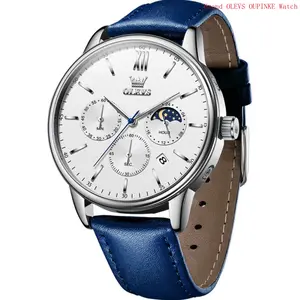 Brand OLEVS Watches for Men Chronograph Big Face Leather Date Calendar Moon Phase Mens Wrist Watch Quartz Analog Luminous Waterproof Dress Men Watch