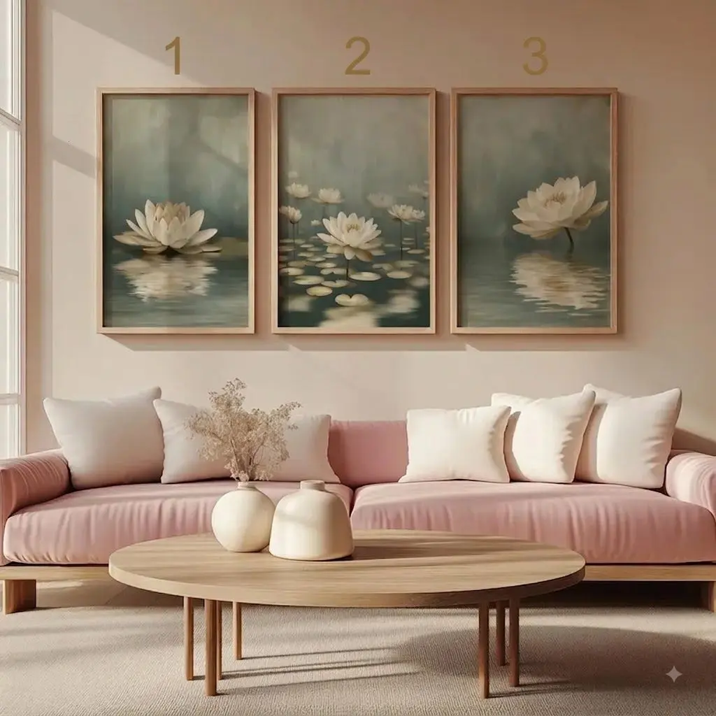 [SALE UP TO 40%] [Unframed] Set of 3 Bedroom Lotus Flower Artwork, Japandi Printable Art, Minimalist Water Lily Posters
