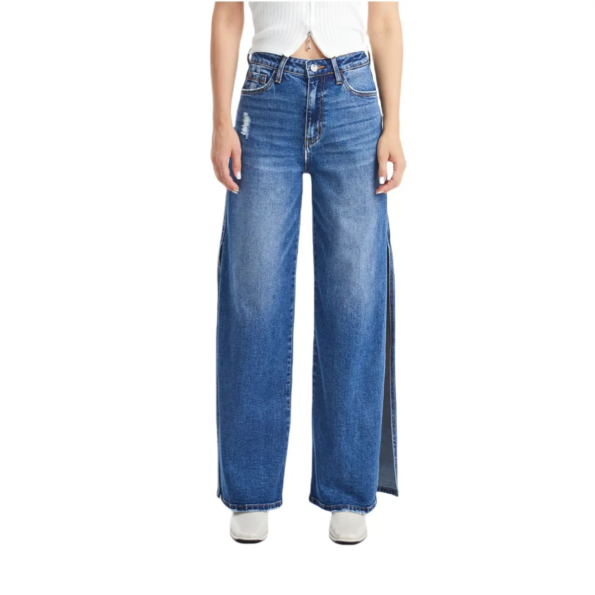 Women's Casual High-Rise Wide-Leg Jeans with High Side Slit, Stretchy Distressed Denim Bottom, Vogatiques BYW8037