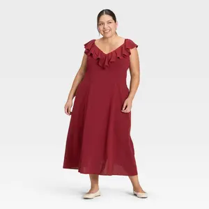 Women's Ruffle Sleeve Maxi A-Line Dress - Universal Thread Maroon XXL