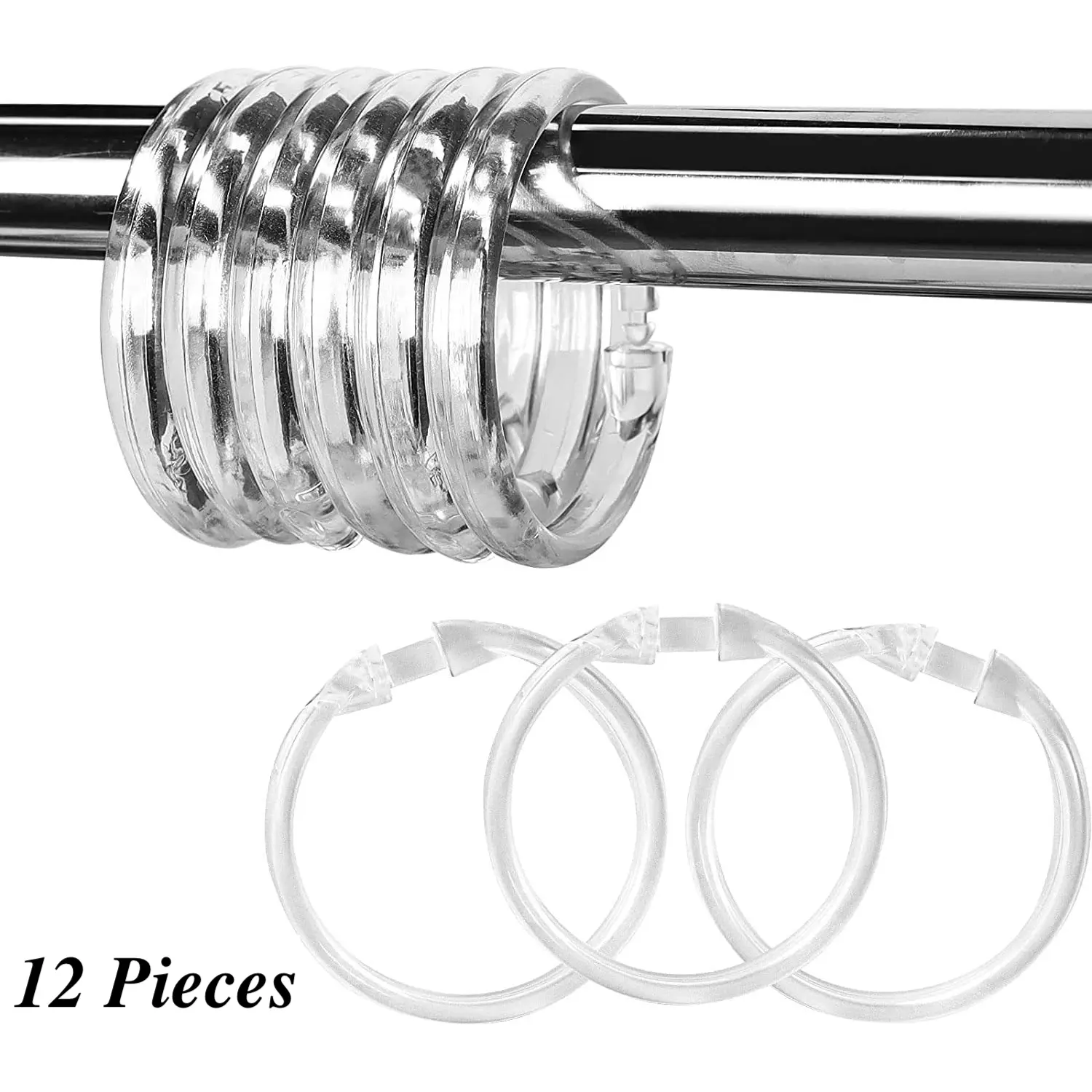 Shower Curtain Rings-12 Pack- Plastic Shower Curtain Hooks O-Shaped Rings Hook Glide Easily on Bathroom Shower Rod, (Clear, White), Plastic Shower Curtain Hooks