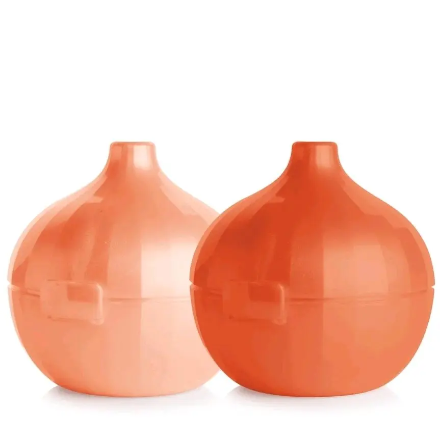 Onion Keeper Set - 2 Hinged Onion-Shaped Containers for Fresh Odor-Free Storage - Dishwasher Safe - Orange & Red - 4.8 x 5.1 inch