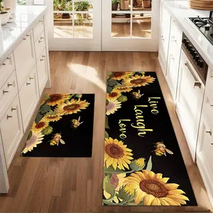 2Pcs Sunflower Watercolor Floor Mat Set Black Background Printed Carpet Farmhouse Anti Fatigue Kitchen Carpet Non Slip Washable Kitchen Restaurant Floor Sink Laundry Room Decoration Carpet Mat