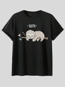 Adorable Sloth Sleep Print T-Shirt, Soft Casual Long Tee, Cute Lazy Animal Design, Comfortable Home Wear, Trendy Street Style, Daily