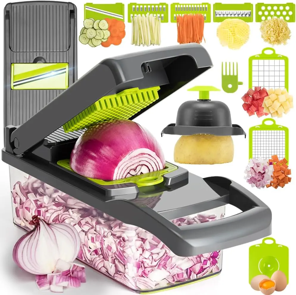 Multi-Use 12-in-1 Pro Kitchen Utensil Vegetable Chopper with Container, Veggie Slicer, Dicer, Onion Mincer, Cutter for Potatoes, Tomatoes, Garlic, Eggs