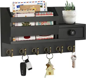Key Holder Wall Mount, Wooden Mail and Key Organizer with Drawer and Shelf, 2 Slots, 6 Hooks, Black