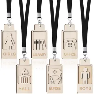 Sabary 6 Sets Hall Pass Lanyards and School Passes Wooden Bathroom Passes for Classrooms Back to School Gift Hall Nurse Library Office Teacher Supplies(Wood Color)
