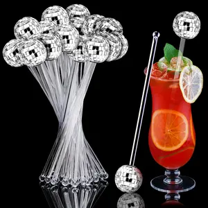 Sawysine 24 Pcs Disco Balls Cocktail Stirrers Plastic round Top Swizzle Sticks Cake Pops Mirror Ball Coffee Beverage Stirrers for Home Bar Coffee Shop Use (Transparent) Sawysine