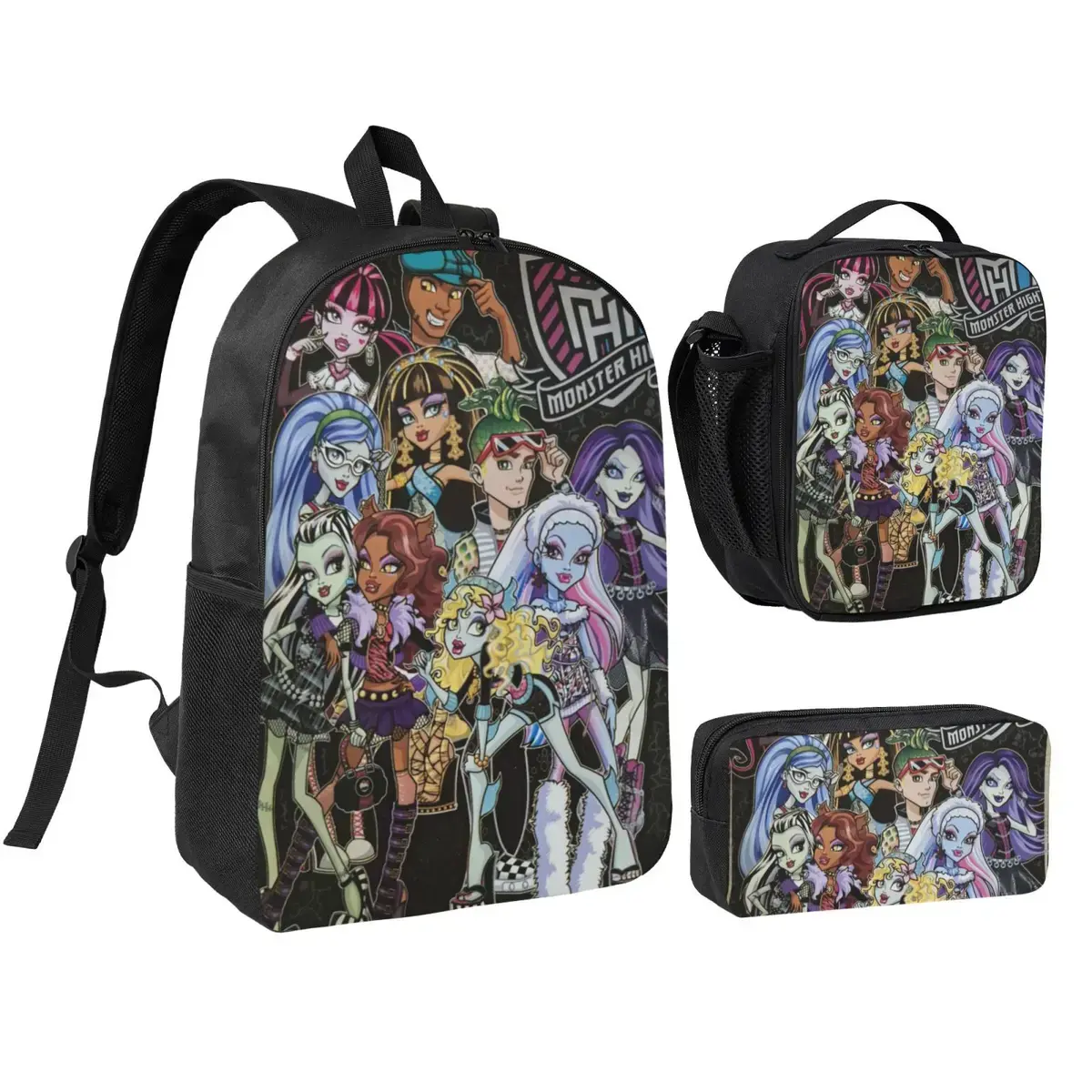 Monster High Lightweight Backpack Set With Lunchbox And Pen Pouch For A Great Traveling Backpack 17inch Rucksack Draculaura Daypack Cleo de Nile lunchbag