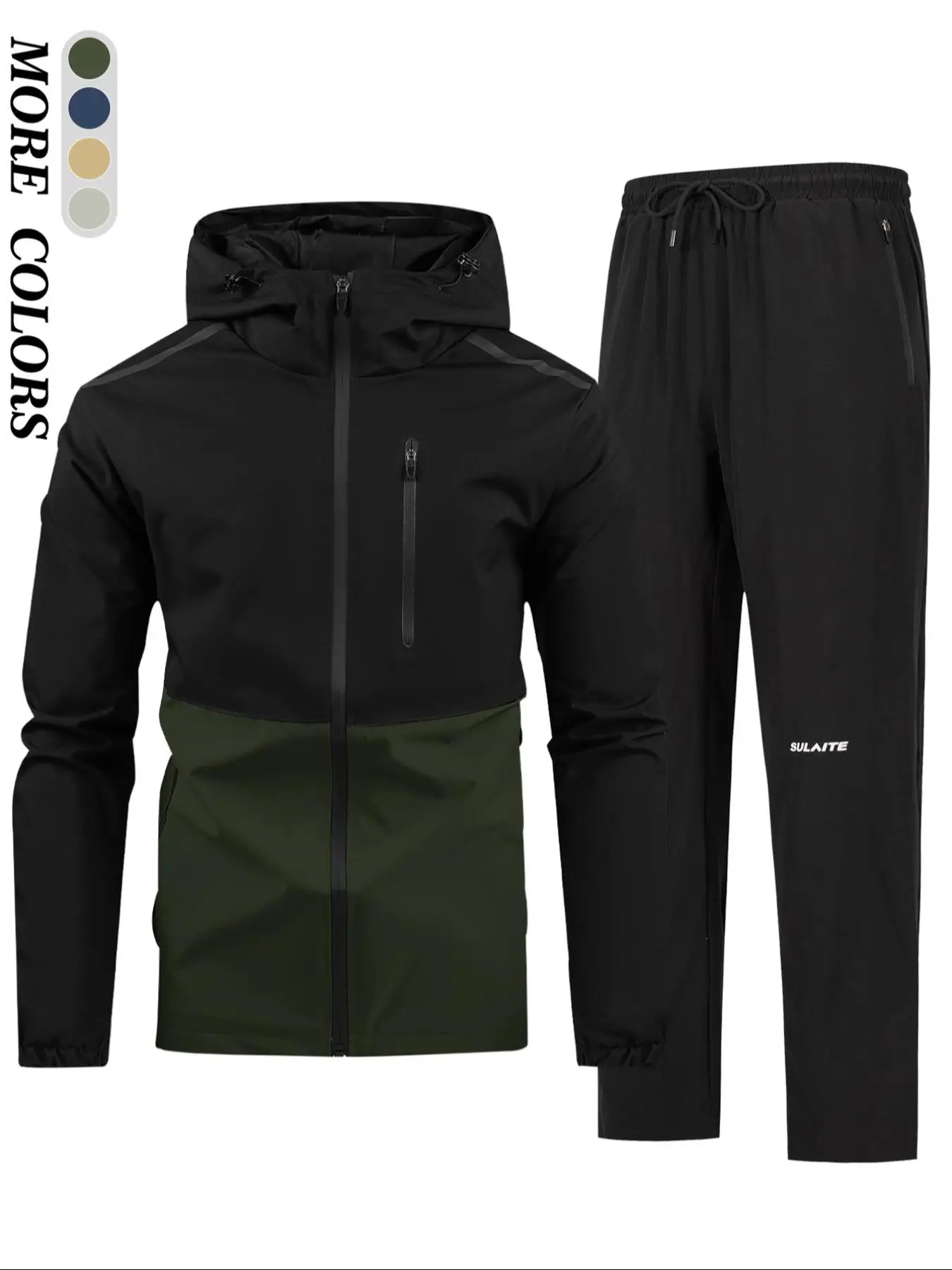 Two-piece Set Men's Patchwork Zip Up Hooded Jacket & Letter Print Elastic Waist Pants, Regular Fit Casual Long Sleeve Drawstring Outerwear & Pocket Tr